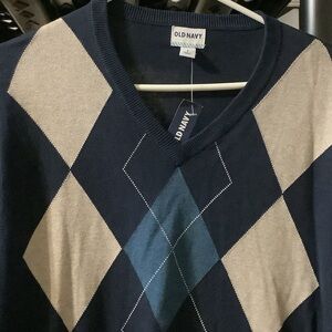 Old Navy Men's‎ V-Neck Argyle Sweater - Navy, Beige, and Blue,L, New